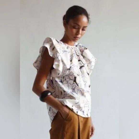 Psophia double sleeve ruffle top in ivory - Picture 2 of 14